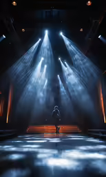 a person stands alone in front of a large stage light