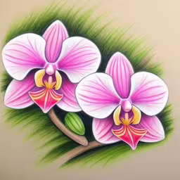 two flower in color with green and purple grass,painting by numbers, two flowers are growing out of a flower