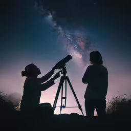 two people watching the night sky with an astronomical telescope