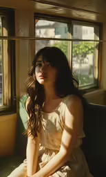a beautiful woman sitting in the train car