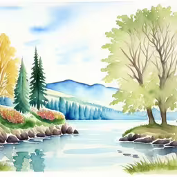 a watercolor painting of trees and a stream,a watercolor painting of some water near a tree,the painting depicts an image of trees and water,there are many trees by the water,watercolor paintings of a lake and a forest with water