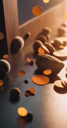 several rocks sitting on a metal surface near some yellow discs