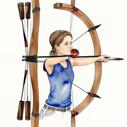 an artfully watercolor painting of a woman shooting an arrow,a woman in blue shirt aiming a bow at an arrow