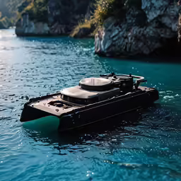 a boat floating on top of a blue body of water