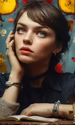 a woman holding a pen up to her chin and reading