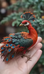 a colorful hand made bird with feathers that resembles peacocks