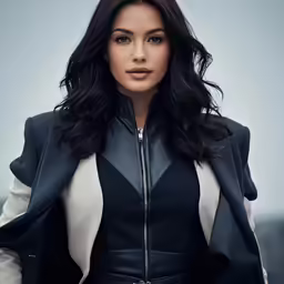 a woman in black and white leather outfit