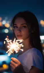 the girl is holding a sparkler in front of her face