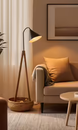 a brown couch, side table and a floor lamp
