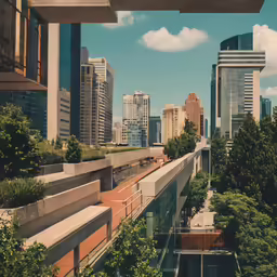 a train in the distance and buildings in the background