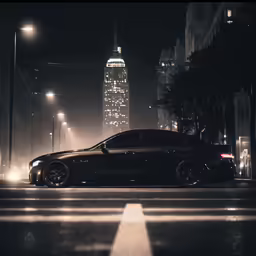 a black car parked on the street with a view of a cityscape in the background