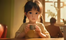 a child is holding a cup and looking away from the camera