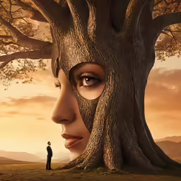 a woman looking up at a giant tree, with two faces cut out of it