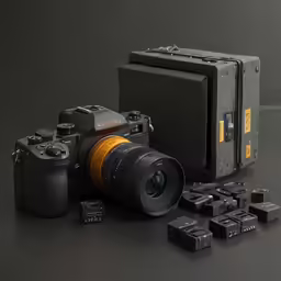 a black camera next to some black items
