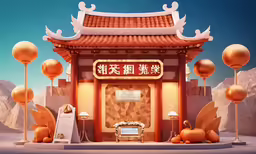 an oriental building with gold balloons around it