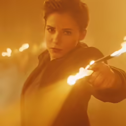 a woman holding a fire wand in her right hand
