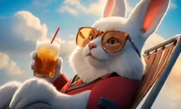 a rabbit wearing glasses holding a beverage while sitting on a beach chair