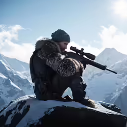 a man in winter clothes sitting down with a rifle on his knee