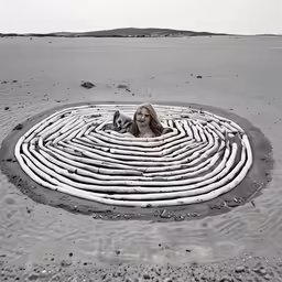 woman and her dog are in the middle of a huge water pipe maze