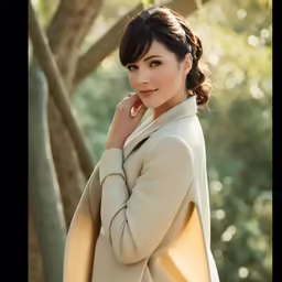 an asian woman in a beige coat smiling for the camera