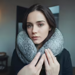 the woman in the black coat is holding up her scarf