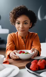 the woman is posing for the camera while eating her bowl