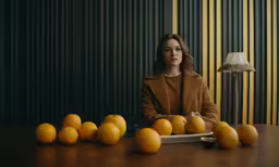 woman sitting in front of table made out of oranges