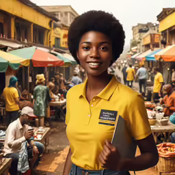 a woman in a yellow shirt is holding a clipboard