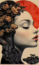 a woman with her face covered with flowers and an oriental - themed motif