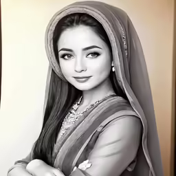 black and white photograph of a woman in traditional indian clothing