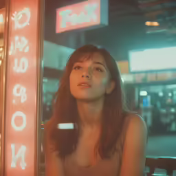 a woman in a tank top sitting down next to a neon sign