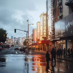 a group of people crossing a street next to buildings