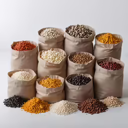 different grains and seeds in brown bags