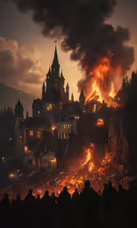 a city on fire in the night time