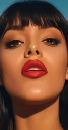 a woman with red lipstick and brown eyes