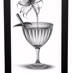 a black and white painting with a wine glass in it