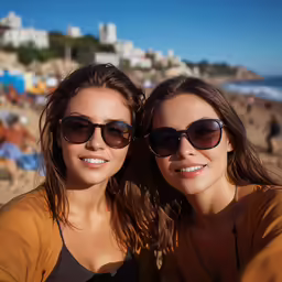 two woman sit on the beach with city in background