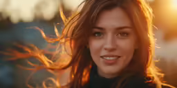 a woman smiling in the sunlight with her hair blowing in the wind