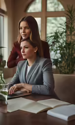 two women sitting at a table, both looking down