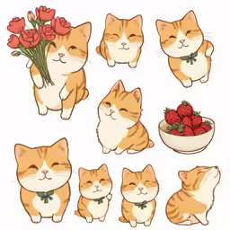 a set of stickers depicting cats eating strawberries