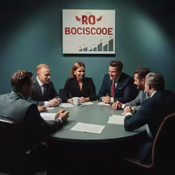 business people having a meeting in front of a boicscoe sign