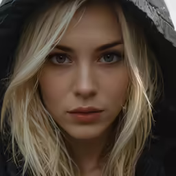 a beautiful blond woman with black jacket and white hair