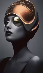 a woman in a black dress with a metal helmet and gold eyeshadow