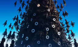 many tree made with different pieces of material and white dots