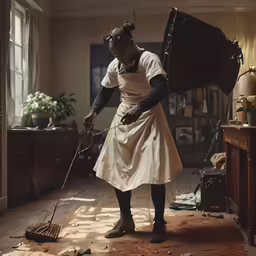 a woman with a whip is sweeping the floor
