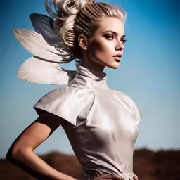 a blonde girl with a bird like haircut poses in an angel dress