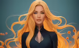 the blonde female model with large breasts and very long hair is posing in a black suit
