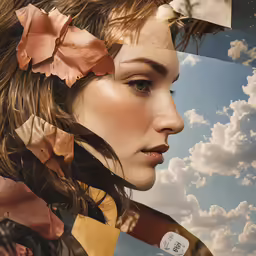 the girl is all different colors and looks off into the sky