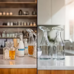 different vases and bottles are displayed on the counter