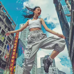 a woman jumping up in the air in an asian city,a beautiful woman in a silver pants flying through the air